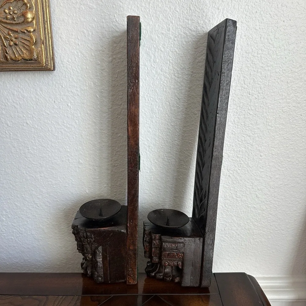 Antique Artisan Candle Holder 16 Inch English Oak Wood Pillars Stained Ferns‎